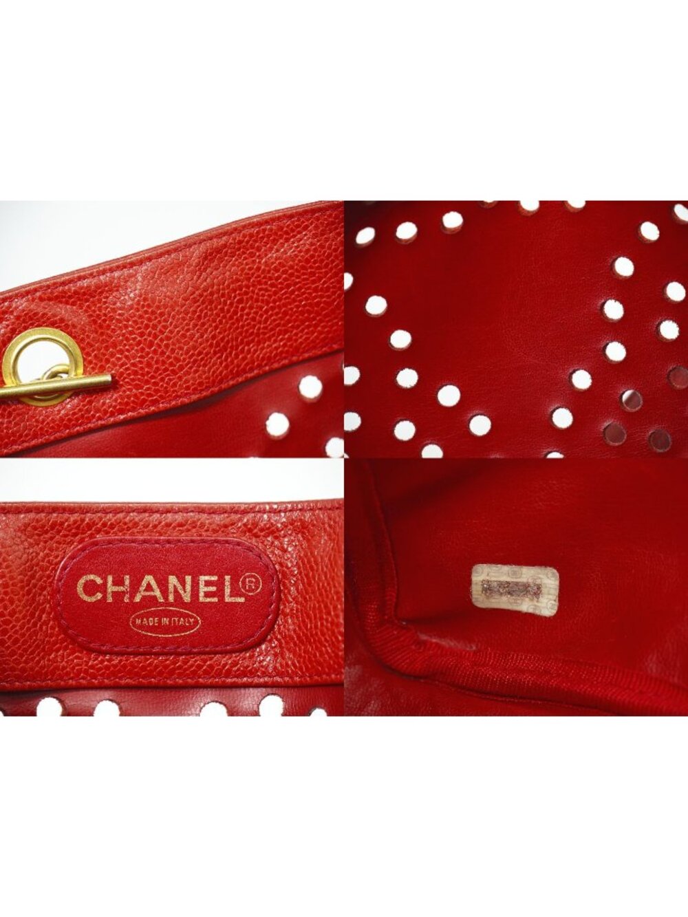 Chanel Perforated Triple CC Logo Shoulder Bag Tote Caviar Leather Red - Picture 9 of 9